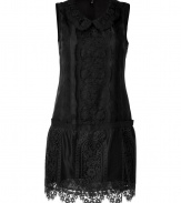 With its demure round collar and sultry black lace, Anna Suis sleeveless sheath is a sweet and chic take on the Little Black Dress - Round collar, sleeveless, dropped waistline, softly gathered skirt, hidden back zip, scalloped hemline - Softly tailored fit - Wear with heels and a leather biker jacket