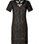 With its opulent black lace overlay and sartorial embellished tie, Moschinos collared sheath is a glamorous take on ladylike elegance - Spread collar, embellished tie detail at throat, short sleeves, exposed metal back zip, nude underlay - Loosely fitted - Wear cinched in with a thin black patent leather belt and heels