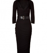 Luxurious dress in fine black rayon stretch - A mega elegant LBD - Stunning, figure-hugging sheath cut, with feminine waterfall neck d?collet? and long, slim sleeves - Waist accentuated, wide belt - Glam draping - The skirt has a typical pencil cut, tight and knee-length - Sophisticated and sexy, stylish and elegant, a dream dress for exciting evening events - Pair with booties, pumps, gladiator sandals