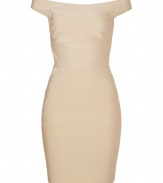 Luxe cocktail dress in a superb ivory nylon and rayon stretch blend - A sexy, standout classic from bandage dress maestro Herv? L?ger - The cult labels secret? Narrow strips of stretch fabric that expertly cling to every curve, creating an ultra-flattering silhouette - Elegant off the shoulder cut compliments sleeveless bustier top  Short, fitted skirt hits above the knee - A sleek, sophisticated must for special occasions - Style with high heels and a clutch