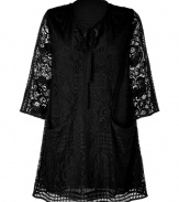 Bring 1970s-inspired style to your day or night look with this subtly sexy sheer dress - Bell-shaped 3/4-sleeves, scoop neck with tie detail, side pockets, billowy silhouette - Style with opaque tights, a military-inspired jacket, and platform ankle boots