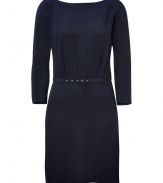 Elegant dress in fine, pure midnight blue silk - Super-soft, lightweight material has a matte sheen and drapes beautifully - Straight, streamlined silhouette with wide, round neck and on-trend, 3/4 sleeves - Delicate back dip and decorative button closure - Skinny belt cinches the waist - Slim skirt hits above the knee - Polished, versatile and undeniably chic, ideal for day or evening - Pair with open toe pumps or wedge sandals and a colorful clutch or shoulder bag