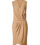 Add stylish impact to your cocktail party look with this chic wrap dress from Tara Jarmon - V-neck, faux wrap front, sleeveless, draped waist, asymmetrical petal hem - Wear with nude fishnets, statement heels, and an embellished clutch