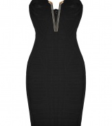 A dramatic evening staple, this hardware accented Herv? L?ger bandage dress makes a bold impact and expertly hugs every curve - Metal trimmed slit neckline, strapless, bandage style, paneled back zip closure - Extra form-fitting - Style with metallic heels and a statement clutch