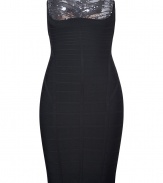 Channel the look of Hollywood glamour in this figure-enhancing Herv? L?ger bandage dress featuring corset-like seaming and a sultry sequined bustier-style top - Strapless, silver-toned sequined bust, figure-enhancing bandage panels with corset-like seaming, back and side seam details, concealed back zip closure, inside hooked strap for hold - Extra form-fitting - Style with statement heels and a bold leather jacket