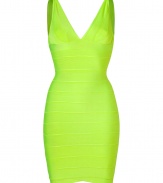 Make a sultry statement in this attention-grabbing neon bandage dress from Herv? L?ger - V-neck, bustier-style top, thick spaghetti straps, classic bandage panel detailing with figure-enhancing seams at front, down sides, and at back, concealed back zip closure - Extra form-fitting - Style with sky-high platform sandals and an embellished clutch