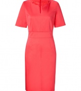 Shine light into your office essentials with Hugos bright cotton sheath, detailed with just the right amount of stretch for a flawless tailored fit - Slit round neckline, short sleeves, fitted waist, hidden back zip, kick pleat - Tailored fit - Team with pumps and a leather carryall tote for work
