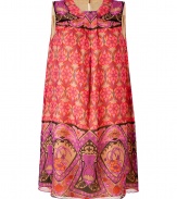Work an edge of vintage romance into city-chic warm weather looks with Anna Suis bright multi magenta floral print shift - Round neckline, sleeveless, gathered back yolk, slit with button closure at nape - Loosely draped fit - Wear with bright heels and a form-fitting leather jacket