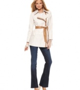 An asymmetrical zipper and faux-leather trim elevates this Via Spiga trench coat for modern spring style!