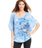 Style&co.'s relaxed petite blouson features a fine scroll print in the background and an eye-catching metallic graphic print at the front, creating a unique look!