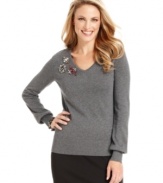 Charter Club dresses up this sleek petite sweater with brilliant brooch-like beading at the shoulder.