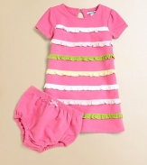 Sweet and simple, with the comfort of an elongated tee, in soft, stretch French terry knit with rows of colorful ruffles on the front.Round necklineShort puffed sleevesKeyhole button back closeFront pastel rufflesMatching bloomers with elastic waist and leg openings95% cotton/5% spandexMachine washImported