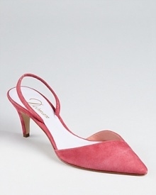 A dramatic pointed toe is made feminine by soft, pink suede. From Delman.