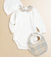 A classic cotton knit bodysuit, bib and hat accented with a soft-toned classic check pattern.Peter Pan collarLong sleevesBack snapsBottom snapsCottonMachine washImported Please note: Number of snaps may vary depending on size ordered. 