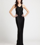 The height of glamour: intricate shimmery beading crowning a floor-length column of silk.Beaded jewel necklineSleevelessRacerback with cutout cowl drapeAbout 44 from natural waist75% triacetate/25% polyesterDry cleanMade in USA of imported fabricModel shown is 5'9 (175cm) wearing US size 4. 