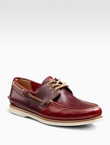 Traditional boat-shoe styling with the Frye combination of ruggedness and refinement, in rich leather.Leather laces Topstitched detailing Padded insole Rubber sole Imported