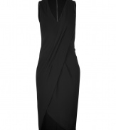 Minimalist and modern, this draped jersey dress from Helmut Lang is perfect for both dressing up and down - V-neckline, sleeveless, wrapped front with drape and asymmetrical front, exposed metal back zip - Form-fitting - Team with ankle boots and a bright snakeskin clutch
