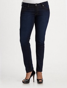 Give curves a hug with this stylish fit.THE FITFitted through hips, thighs and calves Slim leg Inseam, about 34THE DETAILSZip fly Five-pocket style 81% cotton/17% polyester/2% elastane Machine wash Made in USA of imported fabrics Give curves a hug with this stylish fit.THE FITFitted through hips, thighs and calves Slim leg Inseam, about 34THE DETAILSZip fly Five-pocket style 81% cotton/17% polyester/2% elastane Machine wash Made in USA of imported fabrics