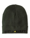 Soft merino wool cap, featuring a cuffed end with embroidered Beetle Bailey lettering.