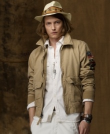 Paying homage to the globetrotting aviator, this tried-and-true herringbone flight jacket boasts all the essentials, including rugged, weathered flight patches for an authentic vintage-inspired appeal. Paying homage to the globetrotting aviator, this tried-and-true herringbone flight jacket boasts all the essentials, including rugged, weathered flight patches for an authentic vintage-inspired appeal.