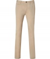 Stylish pants in fine, pure honey-colored cotton - Soft and lightweight, ultra durable material - Long and lean, flat front chino cut - Slim waistband with belt loops and zip fly - Slash pockets at sides, welt pockets at rear - Casually cool, seamlessly transitions from work to weekend - Pair with polos, button downs and t-shirts