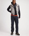 Casual cargo pants with modern metal zippers and grommets for a super sporty look.Zip fly with double-snap closureBelt loopsFour side zippered cargo pocketsTwo back zippered cargo pocketsSnap tabs at waist for an adjustable fitRibbed knit drawstring cuffsInseam, about 32CottonMachine washImported