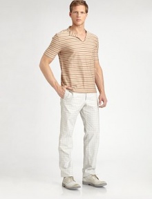 Seamless sophistication, defines this classic-fitting silhouette, handsomely tailored in rich, check-patterned cotton.Flat-front styleSide slash, back flap pocketsInseam, about 33CottonMachine washImported Seamless sophistication, defines this classic-fitting silhouette, handsomely tailored in rich, check-patterned cotton.Flat-front styleSide slash, back flap pocketsInseam, about 33CottonMachine washImported