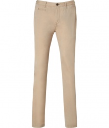 Stylish pants in fine, pure honey-colored cotton - Soft and lightweight, ultra durable material - Long and lean, flat front chino cut - Slim waistband with belt loops and zip fly - Slash pockets at sides, welt pockets at rear - Casually cool, seamlessly transitions from work to weekend - Pair with polos, button downs and t-shirts