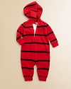 The classic hooded rugby shirt inspired our coverall in soft cotton jersey, authentically finished with a cozy hood and signature stripes.Attached hoodLong sleevesButton-frontBottom snapsCottonMachine washImported Please note: Number of buttons/snaps may vary depending on size ordered. 