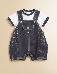 Charming shortall in soft denim with bold snaps Charming shortall in soft denim with bold snaps
