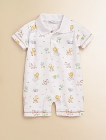 Friendly animals on lightweight cotton will help keep your little guy comfortable as he explores throughout his day. Solid notch collarSnap front closureShort sleevesSnap bottomContrast stitch trim at the cuffs and legsPima cottonMachine washImported Friendly animals on lightweight cotton will help keep your little guy comfortable as he explores throughout his day. Solid notch collarSnap front closureShort sleevesSnap bottomContrast stitch trim at the cuffs and legsPima cottonMachine washImported