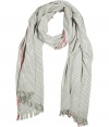 Stylish scarf in fine, pure cream cotton - Elegant, all-over navy stripe motif, red stripe detail at border - Supremely soft, lightweight fabric - Delicate fringe at hem - Generously proportioned, drapes beautifully - A colorful compliment to any number of streamlined styles - Pair with a t-shirt and blazer, a pullover and chinos or jeans and a henley