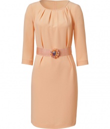 Finish tailored looks on a ladylike note with Moschino C&Cs deliciously hued apricot belted sheath dress - Pleated round neckline, 3/4 sleeves, cinched waist with tonal sash, pearly embellished buckle - Tailored fit - Wear with flats and a chain-detailed handbag