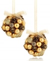 Nature-inspired beauty sits upon your tree with these beautifully crafted Kissing Ball ornaments. Golden spheres blend with rustic pinecones all coated with gold sparkles for a luxe effect.