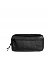 Stay stylish on the go with Burberry Londons textured leather washbag - Allover textural black leather, zippered front pocket with metal logo detail, zippered top, gunmetal-toned hardware, inside zippered back wall pocket, two elasticized front wall pockets - Stash into chic luggage or athletic duffles for trips to the gym