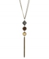 Fringe benefits. Kenneth Cole New York's long necklace showcases hematite tone wire mesh bead, bronze faceted bead fireball bead, gold tone wire wrapped bead with hematite tone chains. Crafted in gold tone and hematite tone mixed metal. Approximate length: 29 inches + 3-inch extender. Approximate drop: 5-3/4 inches.