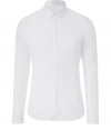 Sleek and streamlined, Belstaffs white cotton poplin shirt is a modern must in any wardrobe - New slim cut fits snugly and tapers gently through waist - Covered full button placket and chest pocket - Small collar and long, cuffed sleeves - Pleat detail at back - Wear solo or beneath a blazer or leather jacket, and pair with dress trousers, dark denim or chinos