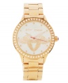 Betsey Johnson has a heart of gold, decking out this watch with tattoo-inspired graphics. Crafted of rose-gold tone stainless steel bracelet and round case. Bezel embellished with crystal accents. White mother-of pearl dial features rose-gold tone scrolls, winged heart graphic, rose-gold tone dot markers, cutout hour and minute hands, signature fuchsia second hand and logo at twelve o'clock. Quartz movement. Water resistant to 30 meters. Two-year limited warranty.