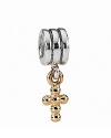 A 14K gold beaded cross dangles from a shiny sterling silver ring. Charm by PANDORA.