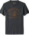 Lucky Brand celebrates America's first motorcycle brand in this graphic tee emblazoned with a vintage-look Indian Chief emblem.