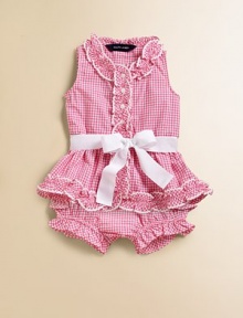 An adorable set is rendered in a soft, preppy gingham and pairs a sweet dress with a matching ruffled bloomer.Stand collar with ruffled trimSleevelessRuffled front button placketRemovable grosgrain beltRuffled hemElastic waistband and leg openings with ruffle trimCottonMachine washImported Please note: Number of buttons may vary depending on size ordered. An adorable set is rendered in a soft, preppy gingham and pairs a sweet dress with a matching ruffled bloomer.Stand collar with ruffled trimSleevelessRuffled front button placketRemovable grosgrain beltRuffled hemElastic waistband and leg openings with ruffle trimCottonMachine washImported Please note: Number of buttons may vary depending on size ordered.