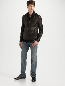 A standard fit in 9.5-oz., highlighted by a grey pigment coating that enhances the fabric's naturally cloudy cast. Stonewashing, tacking and sanded whiskers create an understated texture. Five-pocket style Button fly Inseam, about 33 Cotton/spandex Machine wash Made in USA A standard fit in 9.5-oz., highlighted by a grey pigment coating that enhances the fabric's naturally cloudy cast. Stonewashing, tacking and sanded whiskers create an understated texture. Five-pocket style Button fly Inseam, about 33 Cotton/spandex Machine wash Made in USA