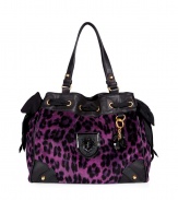 Inject eye-catching style into your statement handbag collection with Juicy Coutures iconic Daydreamer tote in bright leopard printed velour - Black shield logo plate, black leather trim, grosgrain bows, side slit pockets, key fob, inside zippered and slot pockets - Perfect for adding a kick of cool to your glamorous looks
