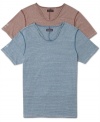 2-tone mini-horizontal stripe scoop v-neck short sleeve t-shirt by Guess Jeans works with cords, jeans, and shorts.