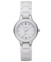 Dress with designer perfection. This DKNY watch features a lacquered white ceramic bracelet and round case. White dial with silvertone stick indices and logo. Quartz movement. Water resistant to 50 meters. Two-year limited warranty.