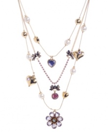 Sweetly chic. Betsey Johnson's ultra-feminine illusion necklace combines petite heart and flower charms in a three-tier design. Crafted in antique gold-plated mixed metal with pink, purple and blue crystals and glass pearl accents. Approximate length: 16 inches + 3-inch extender. Approximate drop: 4 inches. Sweetly chic. Betsey Johnson's ultra-feminine illusion necklace combines petite heart and flower charms in a three-tier design. Crafted in antique gold-plated mixed metal with pink, purple and blue crystals and glass pearl accents. Approximate length: 16 inches + 3-inch extender. Approximate drop: 4 inches.