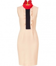 Be the life of the party in this ultra-chic ruffle front dress from London It designer Roksanda Ilincic - Colorblock ruffle stand collar, sleeveless, front ruffle with colorblock panel - Fitted silhouette with darts at waist, exposed back zip closure - Wear with sky-high platform pumps and a statement bag