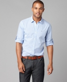 Keep it casual and classic with this slim-fit plaid button down from Tommy Hilfiger.