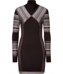 Luxurious knit dress in fine merino wool - Tremendously stylish and flattering - Elegantly patterned in black and brown - The cut is simple, feminine fitted and mini short - With a small shawl collar and long sleeves - A fashion hit for the office, leisure and evening - Wear with booties, boots or pumps