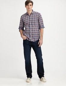 Sure to be a wardrobe closet favorite, set in dark-blue rinsed, straight-fitting cotton denim with subtle distressing and whiskering.Five-pocket styleInseam, about 34CottonMachine washMade in USA Sure to be a wardrobe closet favorite, set in dark-blue rinsed, straight-fitting cotton denim with subtle distressing and whiskering.Five-pocket styleInseam, about 34CottonMachine washMade in USA